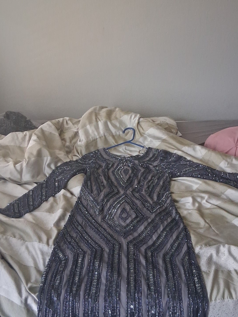 Adrianna Papell Silver-Beaded Long Sleeve Evening Dress